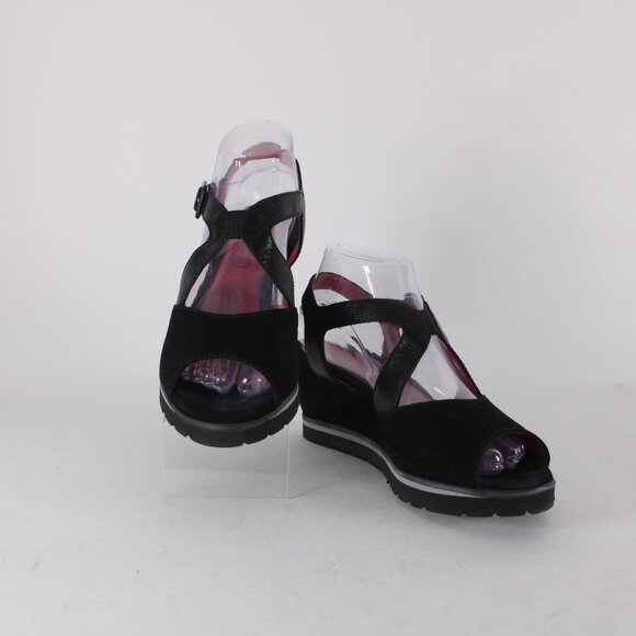 Pas De Rouge Wedge Heels Camoscio Dover Sz 39 Black Suede Leather 2.5" Heel - Picture 4 of 14